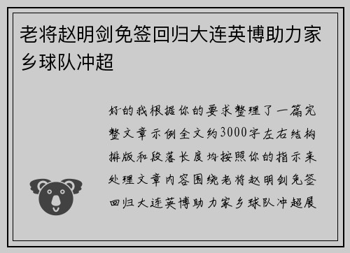 老将赵明剑免签回归大连英博助力家乡球队冲超