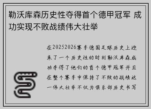 勒沃库森历史性夺得首个德甲冠军 成功实现不败战绩伟大壮举