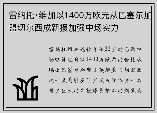 雷纳托·维加以1400万欧元从巴塞尔加盟切尔西成新援加强中场实力 雷纳托·维加以1400万欧元从巴塞尔加盟切尔西成新援加强中场实力